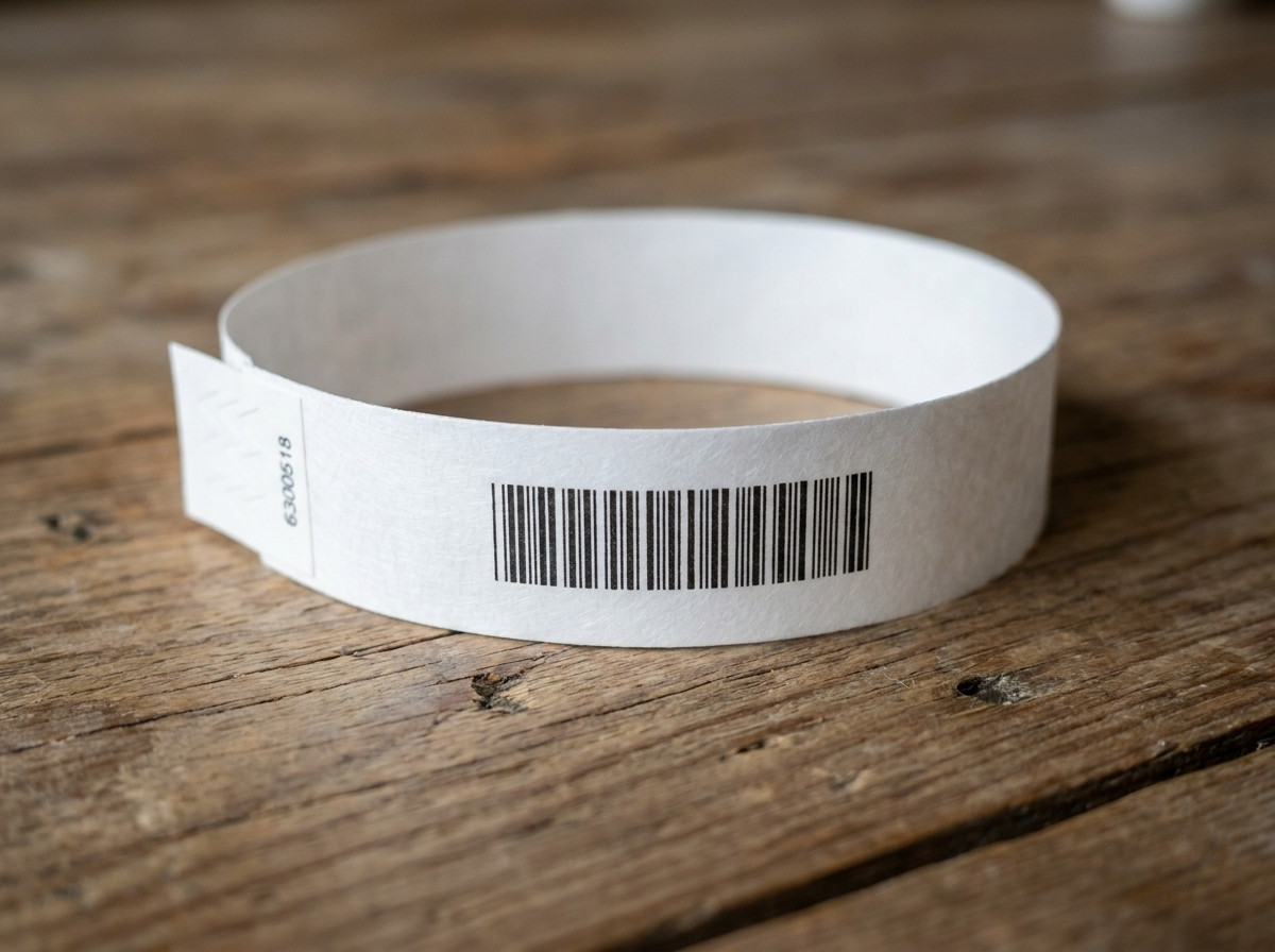 Close-up van een bedrukte witte Tyvek-armband met logo en streepjescode, liggend op een houten ondergrond