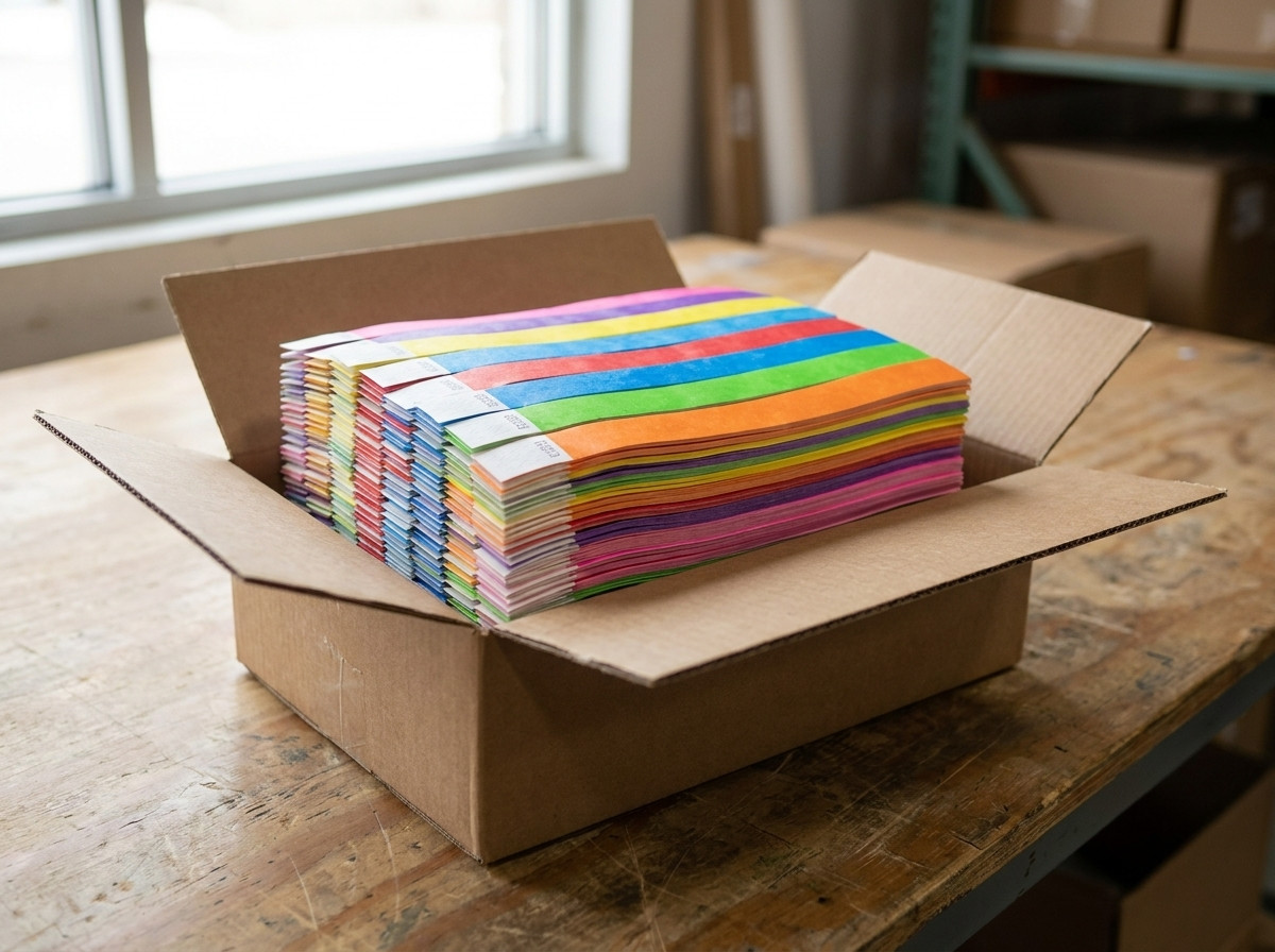 Stapel gekleurde Tyvek-armbanden klaar voor verzending in een DHL Express verpakkingsdoos